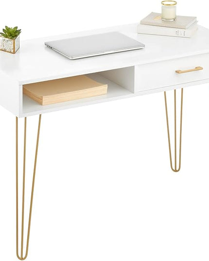 mDesign Metal/Wood Modern Computer Desk - Minimalist Desk and Computer Table with Drawer - Simple Desk with Storage Cubby and Hairpin Legs - Small Work Desk for Home Office, Study - White/Soft Brass - LeafyLoom