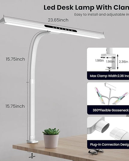 LED Desk Lamp with RGB Backlight, 24W Ultra Bright Architect Workbench Desk Lamps, 60" Timer, 25 Lighting Modes,Eye Protection Clamp Light for Home Office Gaming Reading Working(White) - LeafyLoom