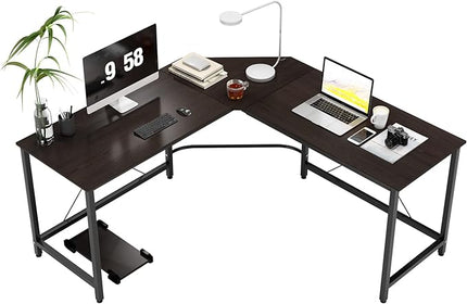 DlandHome L-Shaped Computer Desk 59 inches x 59 inches, Composite Wood and Metal, Home Office PC Laptop Study Workstation Corner Table with CPU Stand, Brown Black and Black Legs, ZJ02-BB - LeafyLoom