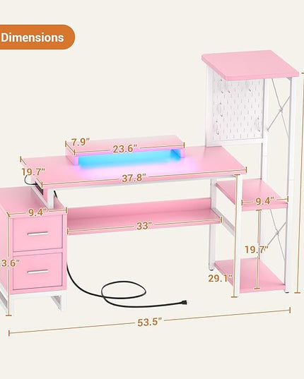 Computer Desk with 2 Fabric Drawers - Reversible Home Office Desk with Power Outlet & LED Lights, 53" Writing Desk with Monitor Stand & Storage Shelves, Gaming Desk Study Table with Pegboard, Pink - LeafyLoom