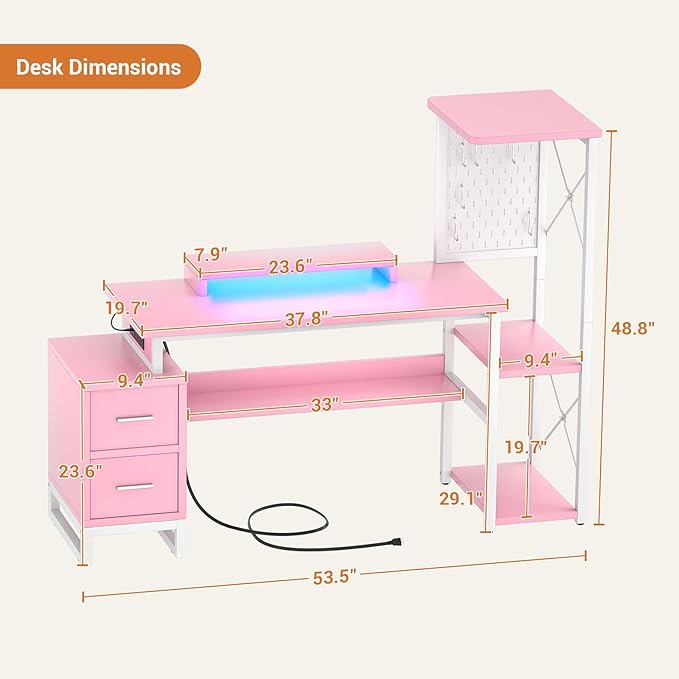 Computer Desk with 2 Fabric Drawers - Reversible Home Office Desk with Power Outlet & LED Lights, 53" Writing Desk with Monitor Stand & Storage Shelves, Gaming Desk Study Table with Pegboard, Pink - LeafyLoom