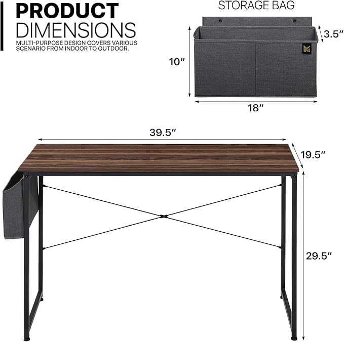 MoNiBloom 40 Inches Computer Desk with Storage Bag, Study Work Writing Table w/Metal Frame for Home Office, Walnut Color - LeafyLoom