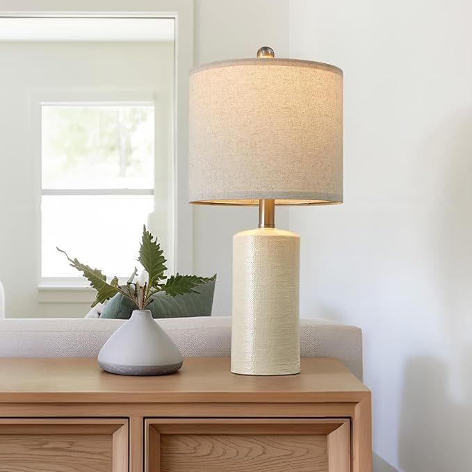 20.25" Small Single Table Lamp for Bedroom Modern Ceramic Nightstand Lamp Farmhouse Bedside Lamp Boho Living Room Lamp White Side Table Lamp End Table Lamp - LeafyLoom