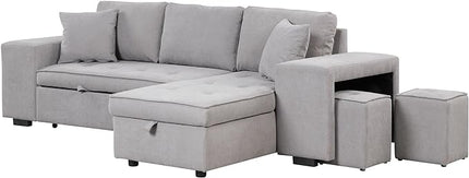 104" L Shape Reversible Sectional Sofa w/Pull Out Bed &Storage Chaise, Linen Upholstered Sleeper Couch with 2 Stools, for Living Room, Bedroom and Small Apartment, 104 Inch, Gray - LeafyLoom