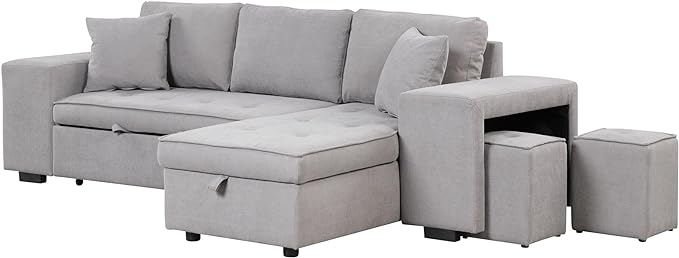 104" L Shape Reversible Sectional Sofa w/Pull Out Bed &Storage Chaise, Linen Upholstered Sleeper Couch with 2 Stools, for Living Room, Bedroom and Small Apartment, 104 Inch, Gray - LeafyLoom