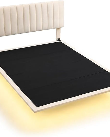 RITSU Queen Size Upholstered Floating Velvet Platform Bed with Sensor Light and Headboard, Plywood & Solid Bedframe, for Apartment Bedroom, No Need for Box Springs, Beige - LeafyLoom