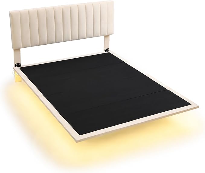 RITSU Queen Size Upholstered Floating Velvet Platform Bed with Sensor Light and Headboard, Plywood & Solid Bedframe, for Apartment Bedroom, No Need for Box Springs, Beige - LeafyLoom