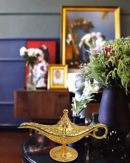 Vintage Legend Aladdin Lamp Magic Genie Wishing Light,Collectable Rare Classic Arabian Costume Props Lamp Tabletop Decor Crafts for Home/Wedding Decoration (Gold) - LeafyLoom