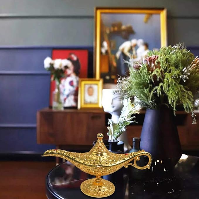 Vintage Legend Aladdin Lamp Magic Genie Wishing Light,Collectable Rare Classic Arabian Costume Props Lamp Tabletop Decor Crafts for Home/Wedding Decoration (Gold) - LeafyLoom