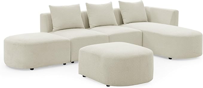 113" L-Shape Sectional Side Chaise and Ottoman, Modular Sofa, DIY Combination, Loop Yarn Fabric for Living Room, Apartment, 113inch, Beige Right - LeafyLoom