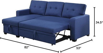 L Shaped Pull Out Sectional Sofa with Storage Chaise, 82 Inch Linen Upholstered Reversible Couch Sleeper Bed, for Living Room, Apartment and Office, 82, Blue-1 - LeafyLoom