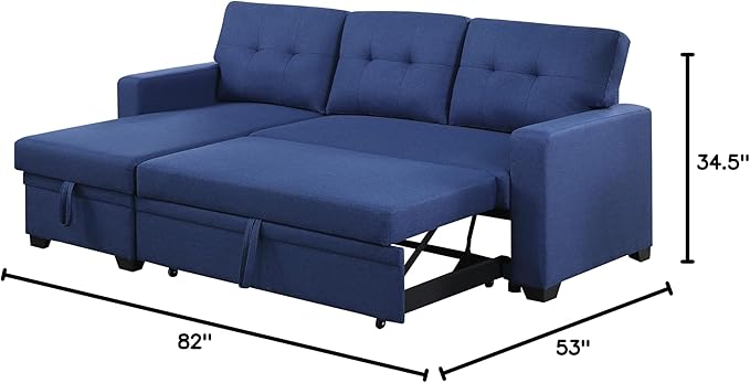 L Shaped Pull Out Sectional Sofa with Storage Chaise, 82 Inch Linen Upholstered Reversible Couch Sleeper Bed, for Living Room, Apartment and Office, 82, Blue-1 - LeafyLoom