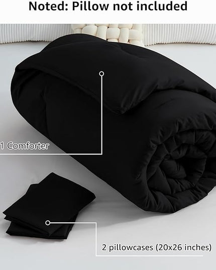CozyLux Black Comforter Set Full Size, 3 Pieces Solid Breathable Quilted Style Bedding Sets, Luxury Fluffy Soft Microfiber Comforter for All Season(1 Comforter & 2 Pillowcases) - LeafyLoom