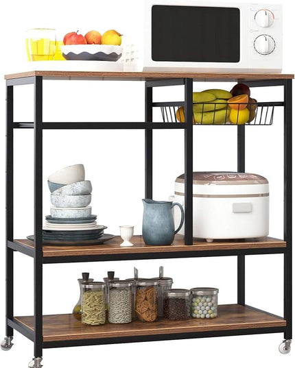 SogesGame Kitchen Cart Kitchen Baker's Rack, 3-Tier Vintage Serving Cart with Wheels Utility Cart Microwave Stand Storage Shelf Coffee Cart for Kitchen Coffee Station - LeafyLoom