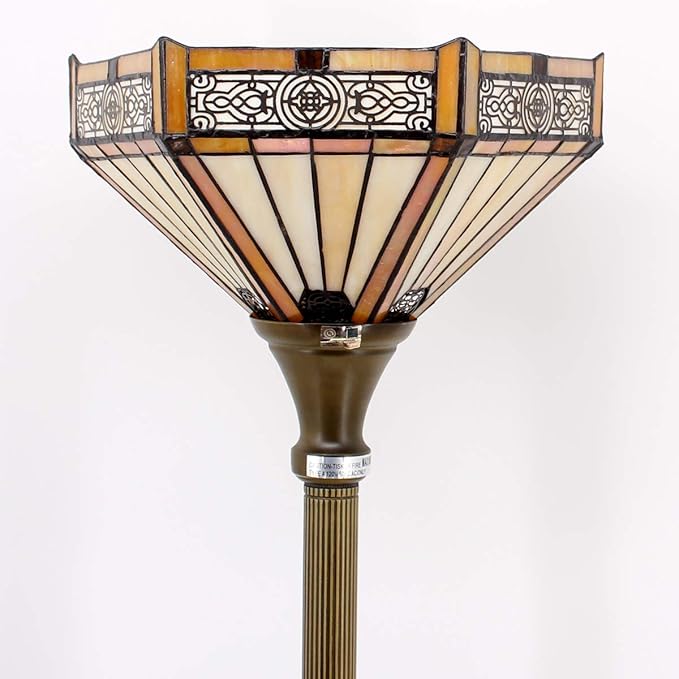 WERFACTORY Tiffany Floor Lamp Yellow Hexagon Stained Glass Mission Light 12X12X66 Inches Torchiere Standing Corner Torch Uplight Decor Bedroom Living Room Home Office S011 Series - LeafyLoom