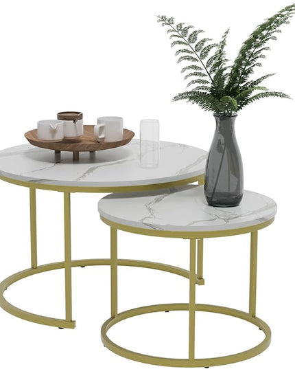 White Nesting Coffee Table Set of 2, 27.6" Round Coffee Table Wooden Marble Pattern with Adjustable Non-Slip Feet, Industrial End Table for Living Room Bedroom Balcony - LeafyLoom