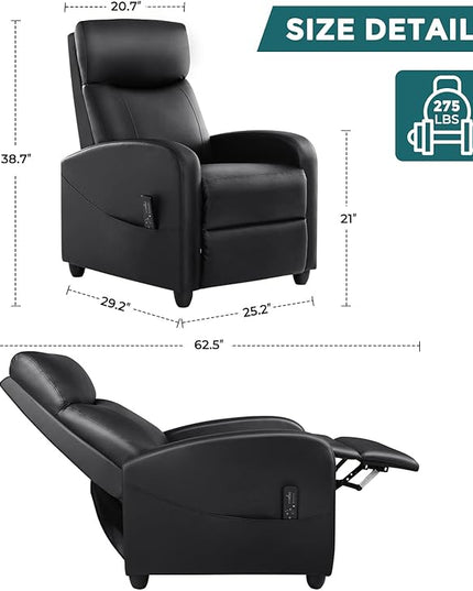 Recliner Chair for Adults, Massage Reclining Chair for Living Room, Adjustable Modern Recliners Chair, Home Theater Seating Single Sofa Recliner with Padded Seat Backrest (Deep Black) - LeafyLoom