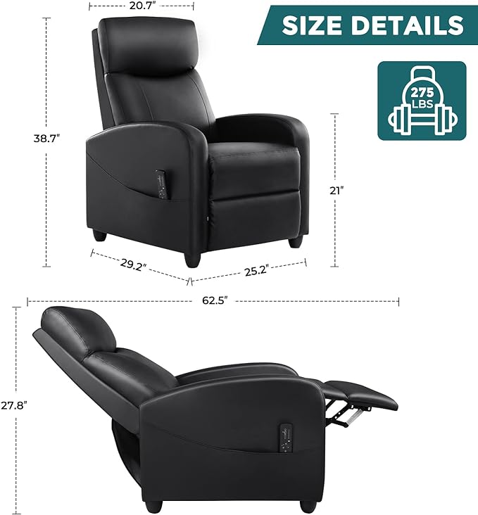 Recliner Chair for Adults, Massage Reclining Chair for Living Room, Adjustable Modern Recliners Chair, Home Theater Seating Single Sofa Recliner with Padded Seat Backrest (Deep Black) - LeafyLoom
