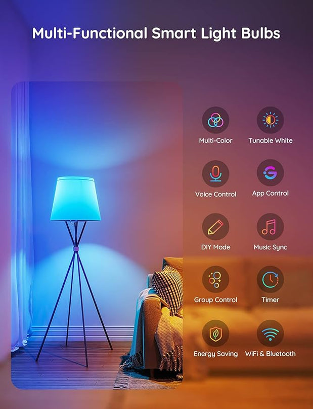 Govee Smart Light Bulbs, Color Changing Light Bulb, Works with Alexa and Google Assistant, 16 Million Colors RGBWW, WiFi & Bluetooth LED Light Bulbs, Music Sync, A19, 800 Lumens, 1 Pack Govee