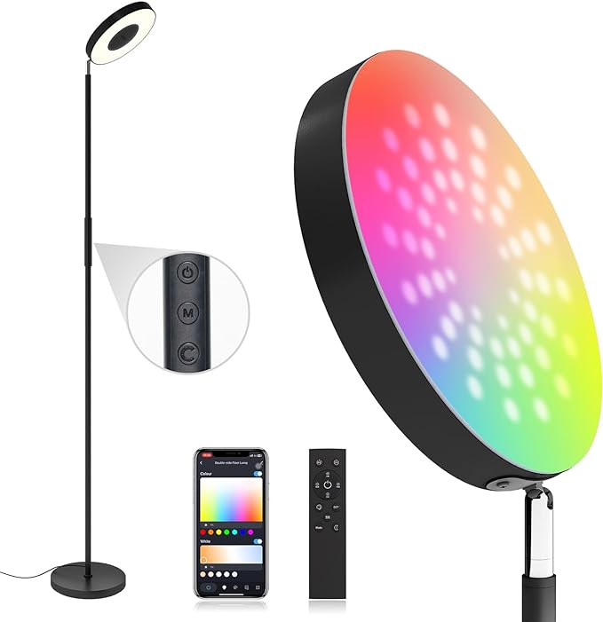 addlon RGB Floor Lamp, 2000LM LED Super Bright-Tall Standing with Alexa, App and Remote Control, Smart Modern Floor Lamp with Music Sync and 16 Million DIY Colors for Bedroom Living Room - LeafyLoom