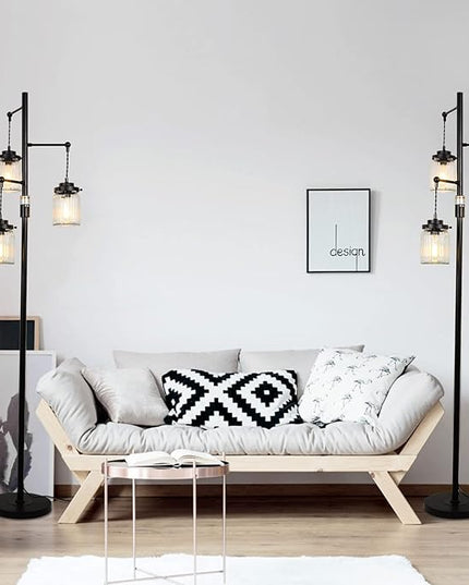 Industrial Farmhouse Rustic Lamp with 3 Glass Shades, Tall Standing Lamps with Dimmable Switch, Sturdy Base, Black Floor Lamps for Living Room Bedroom Office Home - LeafyLoom