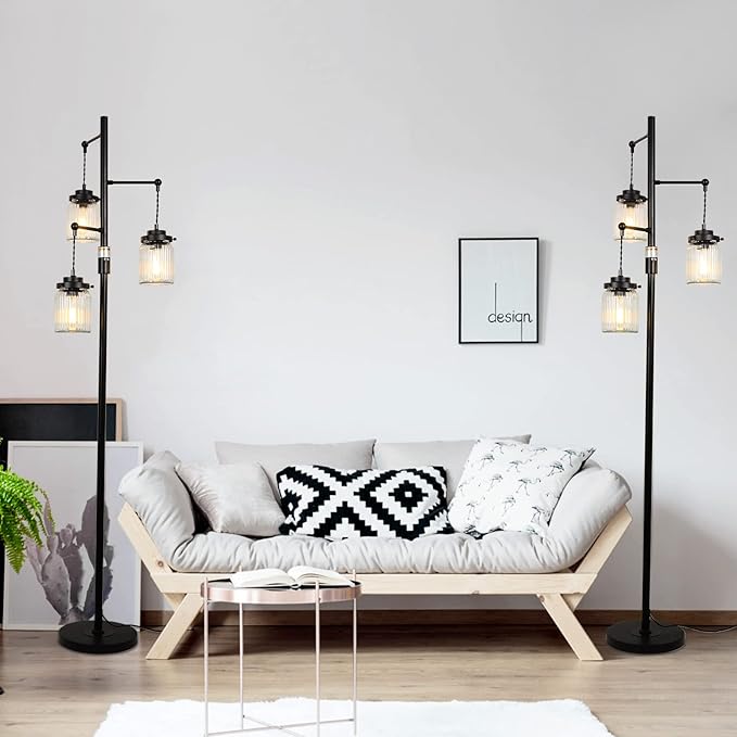 Industrial Farmhouse Rustic Lamp with 3 Glass Shades, Tall Standing Lamps with Dimmable Switch, Sturdy Base, Black Floor Lamps for Living Room Bedroom Office Home - LeafyLoom