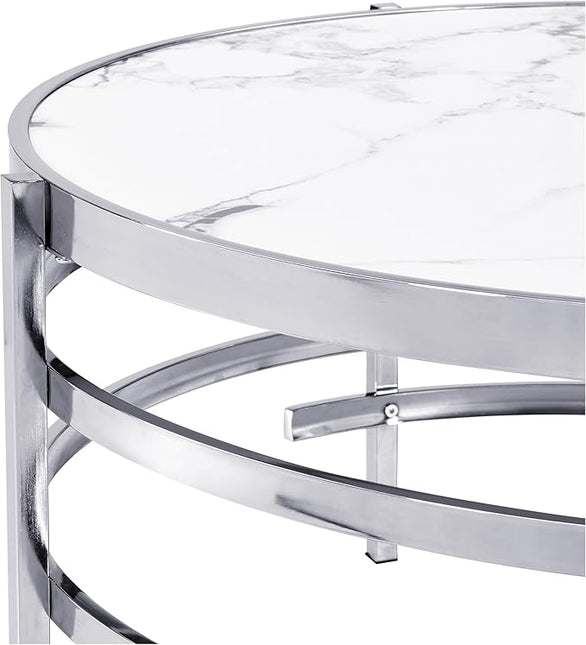 Round Coffee Table Coffee Tables for Living Room Sintered Stone Marble Top Sturdy Metal Frame (Silver, 31.50 inches) - LeafyLoom