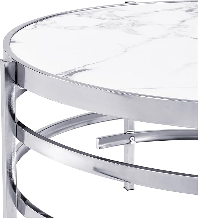 Round Coffee Table Coffee Tables for Living Room Sintered Stone Marble Top Sturdy Metal Frame (Silver, 31.50 inches) - LeafyLoom