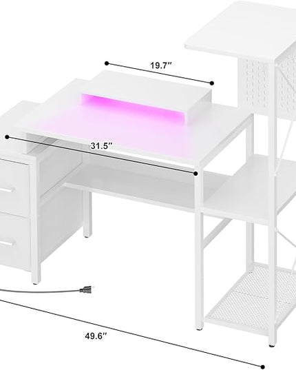 Small Gaming Desk with 2 Fabric Drawers - Reversible Computer Desk with Power Outlet & LED Lights, 49" Office Desk with Monitor Stand & Storage Shelves, Writing Study Table with Pegboard, White - LeafyLoom