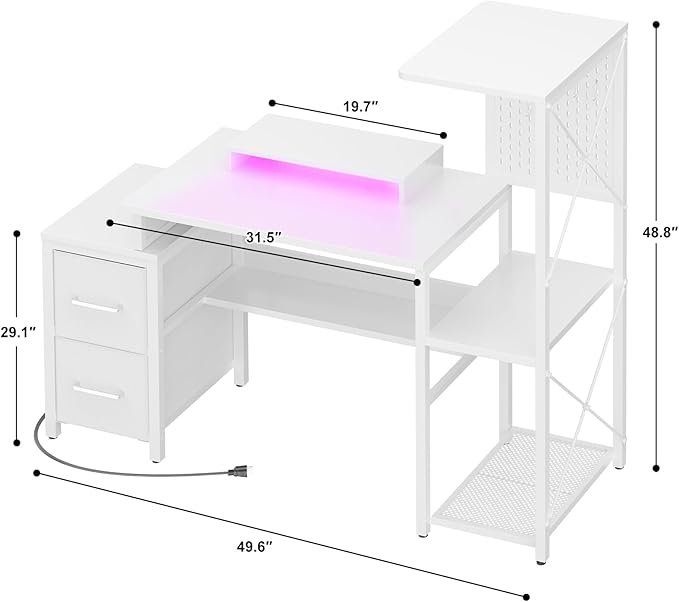 Small Gaming Desk with 2 Fabric Drawers - Reversible Computer Desk with Power Outlet & LED Lights, 49" Office Desk with Monitor Stand & Storage Shelves, Writing Study Table with Pegboard, White - LeafyLoom