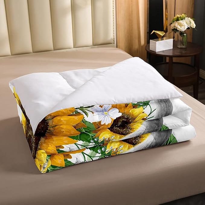 Highland Cow Comforter Set King Sunflowers Art Down Comforter Rustic Bull Cattle Bedding Set for Kids Boys Girls Adult Farmhouse Western Funny Animal Wild Theme Duvet Set Grey Marble Comforter - LeafyLoom