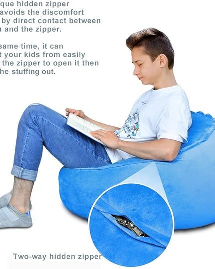 Bean Bag Chair Cover, Stuffed Animal Storage, Plush Toys Organizer Holder, Beanbag Chairs Cover for Kids Teans and Adults Super Soft and Comfortable Fabric X-Large with Handle and Zipper -Round Blue - LeafyLoom