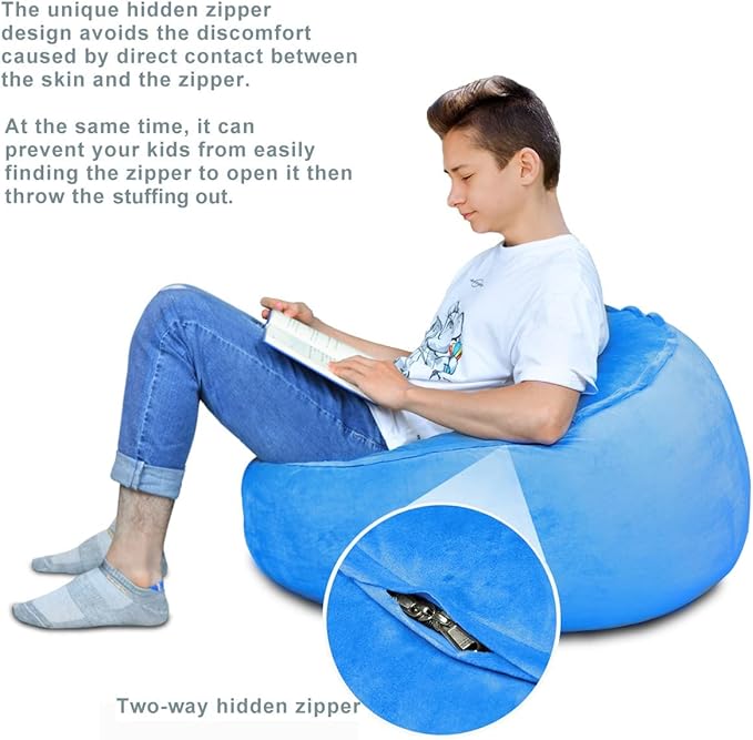Bean Bag Chair Cover, Stuffed Animal Storage, Plush Toys Organizer Holder, Beanbag Chairs Cover for Kids Teans and Adults Super Soft and Comfortable Fabric X-Large with Handle and Zipper -Round Blue - LeafyLoom