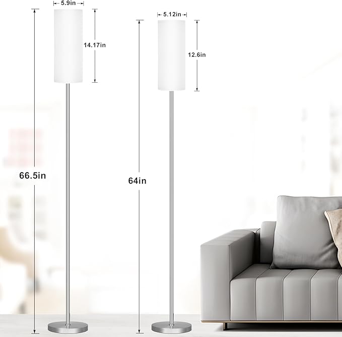 Ambimall 66'' Floor Lamps for Living Room with Remote Control and Stepless Dimmable Colors Temperature & Brightness, 9W Bulb Included(White Lampshade & Silver Pole) - LeafyLoom
