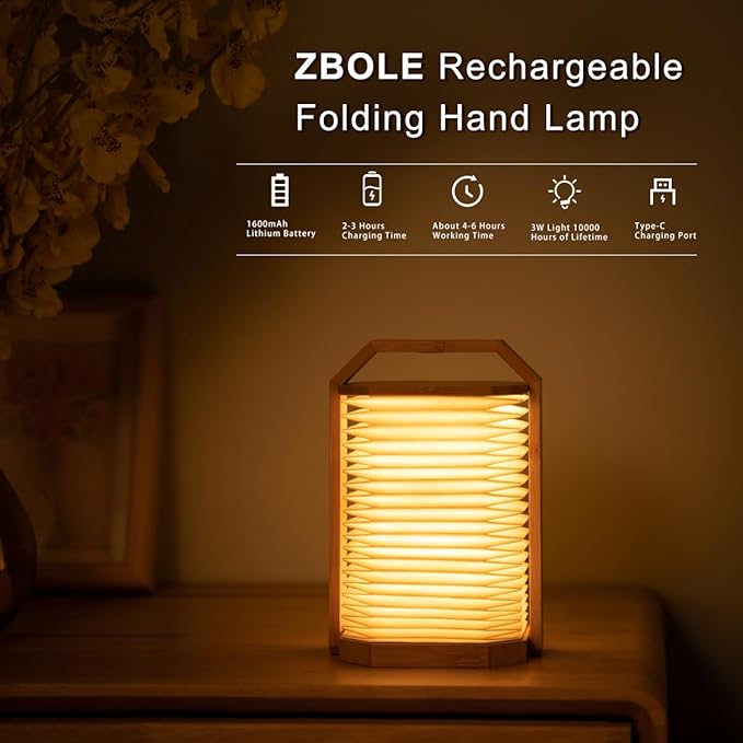 LED Desk Lamp Dimmable Table Lamp Reading Lamp with USB Charging Port, Wooden Hand Lamp, Folding Paper Portable Lamp, Eye-Caring Lamp, Led Lights for Home Decoration (Bamboo) - LeafyLoom