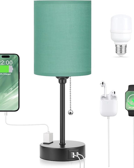 Dicoool Green Table Lamps 3 Color Temperatures - 2700K 3500K 5000K Bedside Lamp with USB C and A Ports, Pull Chain Lamp for Bedroom with AC Outlet, Nightstand Lamp with Black Metal Base for Kids Boys - LeafyLoom