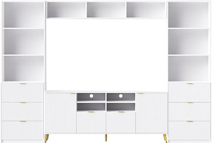 Merax 4-Piece Entertainment Wall Unit with 13 Shelves, 8 Drawers, and 2 Cabinets, Multifunctional TV Stand Media Storage Cabinet with Fluted Line Surface for Living Room, White - LeafyLoom