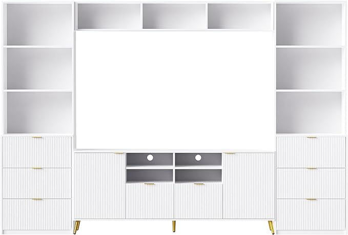 Merax 4-Piece Entertainment Wall Unit with 13 Shelves, 8 Drawers, and 2 Cabinets, Multifunctional TV Stand Media Storage Cabinet with Fluted Line Surface for Living Room, White - LeafyLoom
