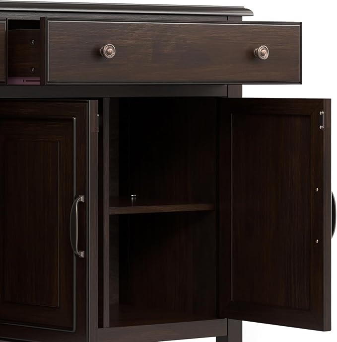 SIMPLIHOME Connaught Low Storage Cabinet, 67 inch, Dark Chestnut Brown - LeafyLoom