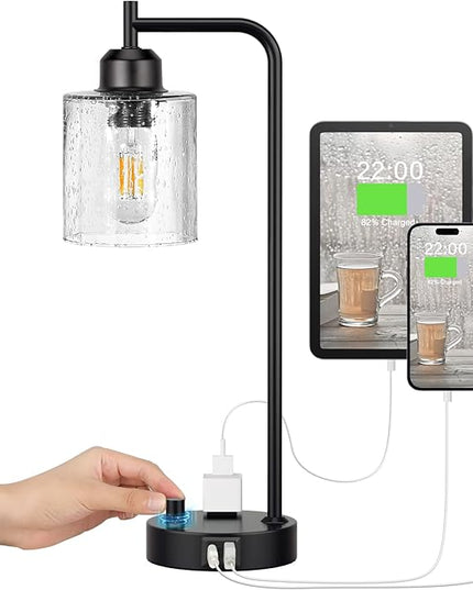 Industrial Bedside Table Lamp for Bedroom - Nightstand Lamps with USB C Charging Port, Fully Dimmable Black Ports and Outlets, Small Desk Glass Shade Office Living Room - LeafyLoom