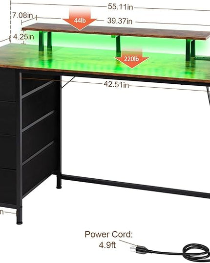 Computer Desk with LED Light & Power Outlets, 55 Inch Gaming Desk with 4 Fabric Drawers, Office Desk with Monitor Stand, Work Writing Desk with Hooks for Home Office, Bedroom, Brown, HGD14BR - LeafyLoom