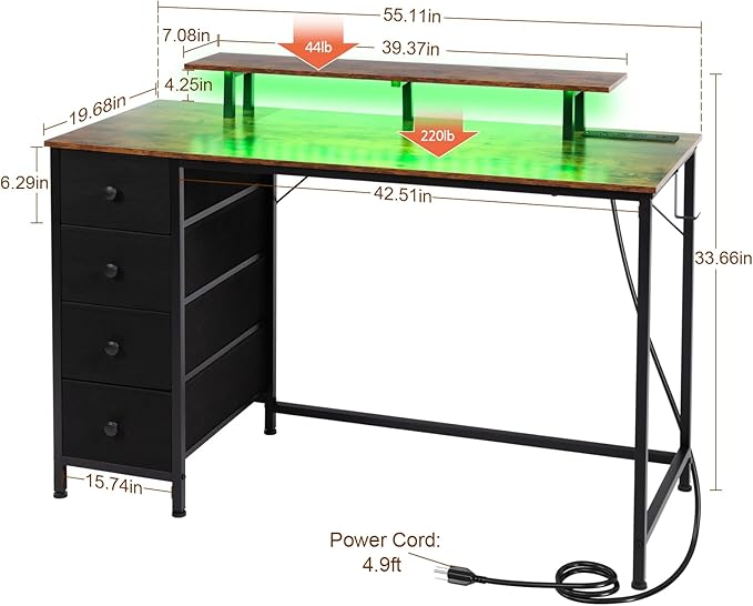 Computer Desk with LED Light & Power Outlets, 55 Inch Gaming Desk with 4 Fabric Drawers, Office Desk with Monitor Stand, Work Writing Desk with Hooks for Home Office, Bedroom, Brown, HGD14BR - LeafyLoom