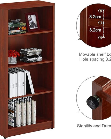 Sunon 4 Shelf Wood Bookcase Freestanding Display Shelf Adjustable Layers Bookshelf for Home Office Library Small Narrow Space (Cherry, 4-Layers) - LeafyLoom