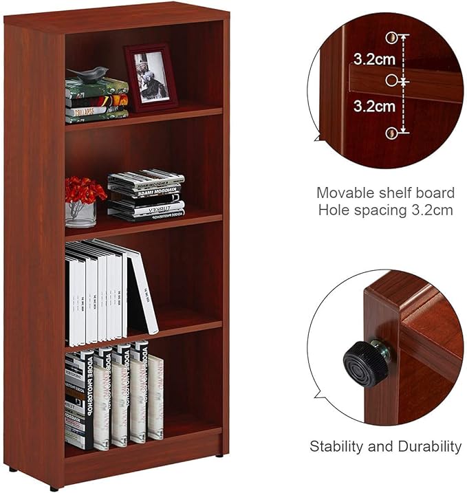 Sunon 4 Shelf Wood Bookcase Freestanding Display Shelf Adjustable Layers Bookshelf for Home Office Library Small Narrow Space (Cherry, 4-Layers) - LeafyLoom
