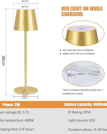 Cordless Table Lamps USB Rechargeable Simplicity Desk Lamp Built-in 4600 mAh Battery LED Battery Operated lamp with Touch Control Table lamp - Bedroom/Desk/Reading/Patio(2Pcs-Gold) - LeafyLoom