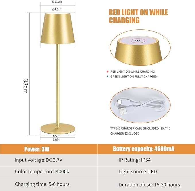 Cordless Table Lamps USB Rechargeable Simplicity Desk Lamp Built-in 4600 mAh Battery LED Battery Operated lamp with Touch Control Table lamp - Bedroom/Desk/Reading/Patio(2Pcs-Gold) - LeafyLoom