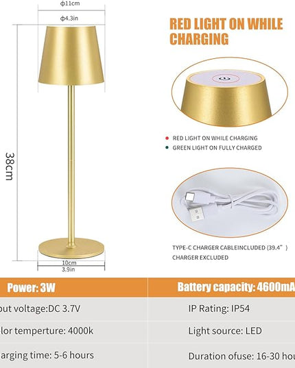 Cordless Table Lamps USB Rechargeable Simplicity Desk Lamp Built-in 4600 mAh Battery LED Battery Operated lamp with Touch Control Table lamp - Bedroom/Desk/Reading/Patio(Gold) - LeafyLoom