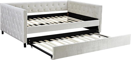 Full Size Velvet Upholstered Daybed with Trundle, Solid Wood Bed w/Button Tufted Backrest, for Living Room, Bedroom, Dorm, No Box Spring Needed, Space-Saving Design - LeafyLoom