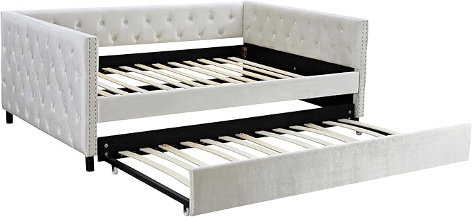Full Size Velvet Upholstered Daybed with Trundle, Solid Wood Bed w/Button Tufted Backrest, for Living Room, Bedroom, Dorm, No Box Spring Needed, Space-Saving Design - LeafyLoom