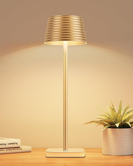 Rechargeable Cordless Table Lamp, Battery 6000mAh Metal Aluminum Housing USB LED Portable Powered Desk Lamp, 3 Levels Brightness Night Light for Restaurants Bars Outdoor (Gold) - LeafyLoom